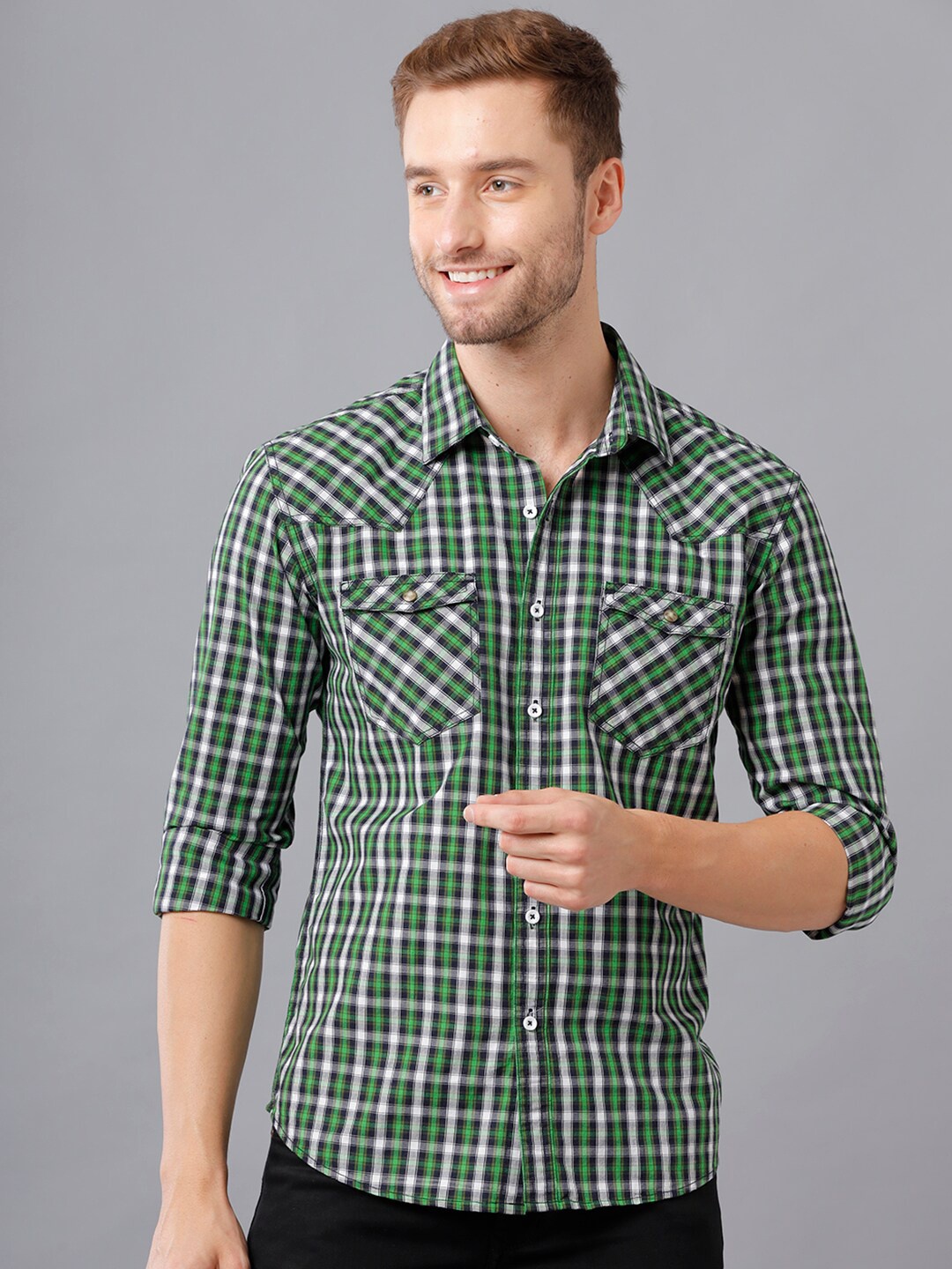 

YOVISH Men Green Smart Slim Fit Double Flap Pocket Checked Casual Shirt