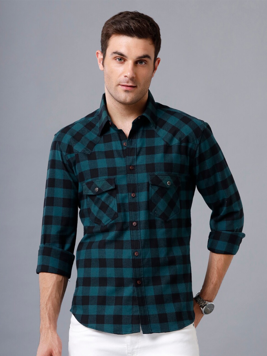 

YOVISH Men Black Smart Slim Fit Buffalo Checks Checked Casual Shirt
