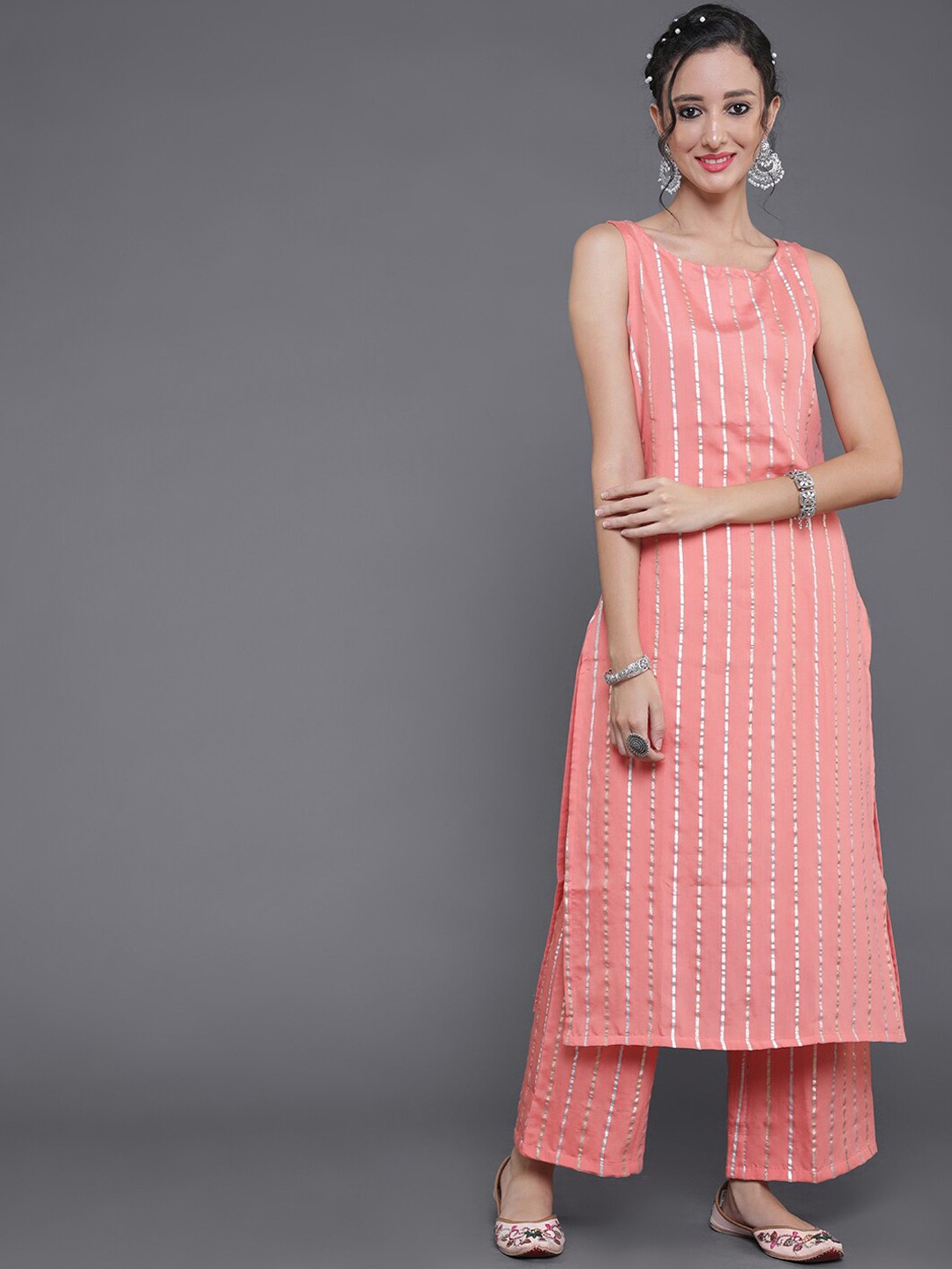 

saubhagya Women Peach-Coloured Printed Kurti with Palazzos