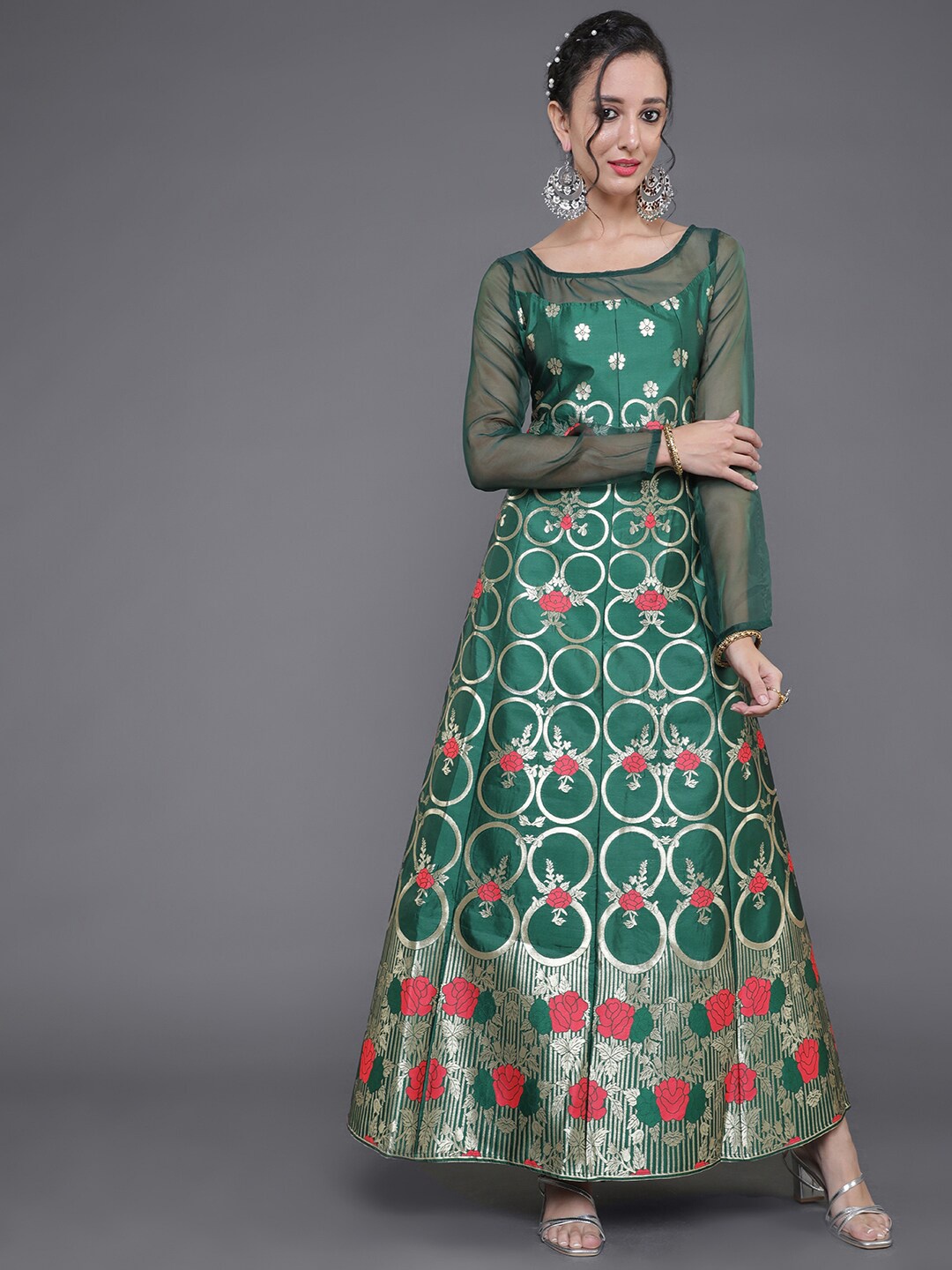 

saubhagya Green Floral Zari Jacquard Maxi Dress