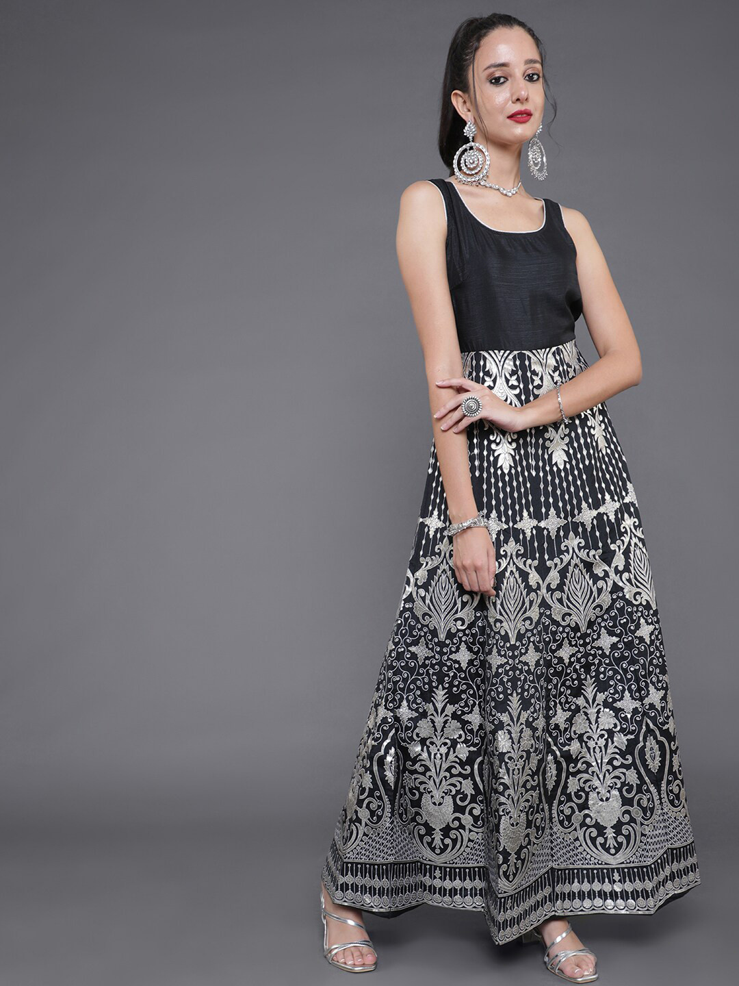 

Saubhagya Black & Silver-Toned Ethnic Motifs Flared Maxi Dress