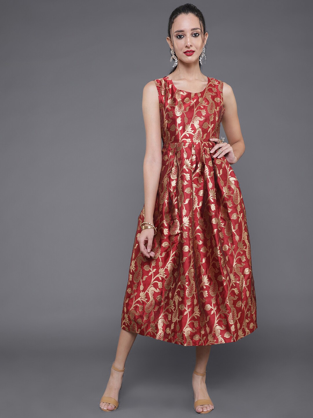 

saubhagya Maroon & Gold Toned Ethnic Print A-Line Midi Dress