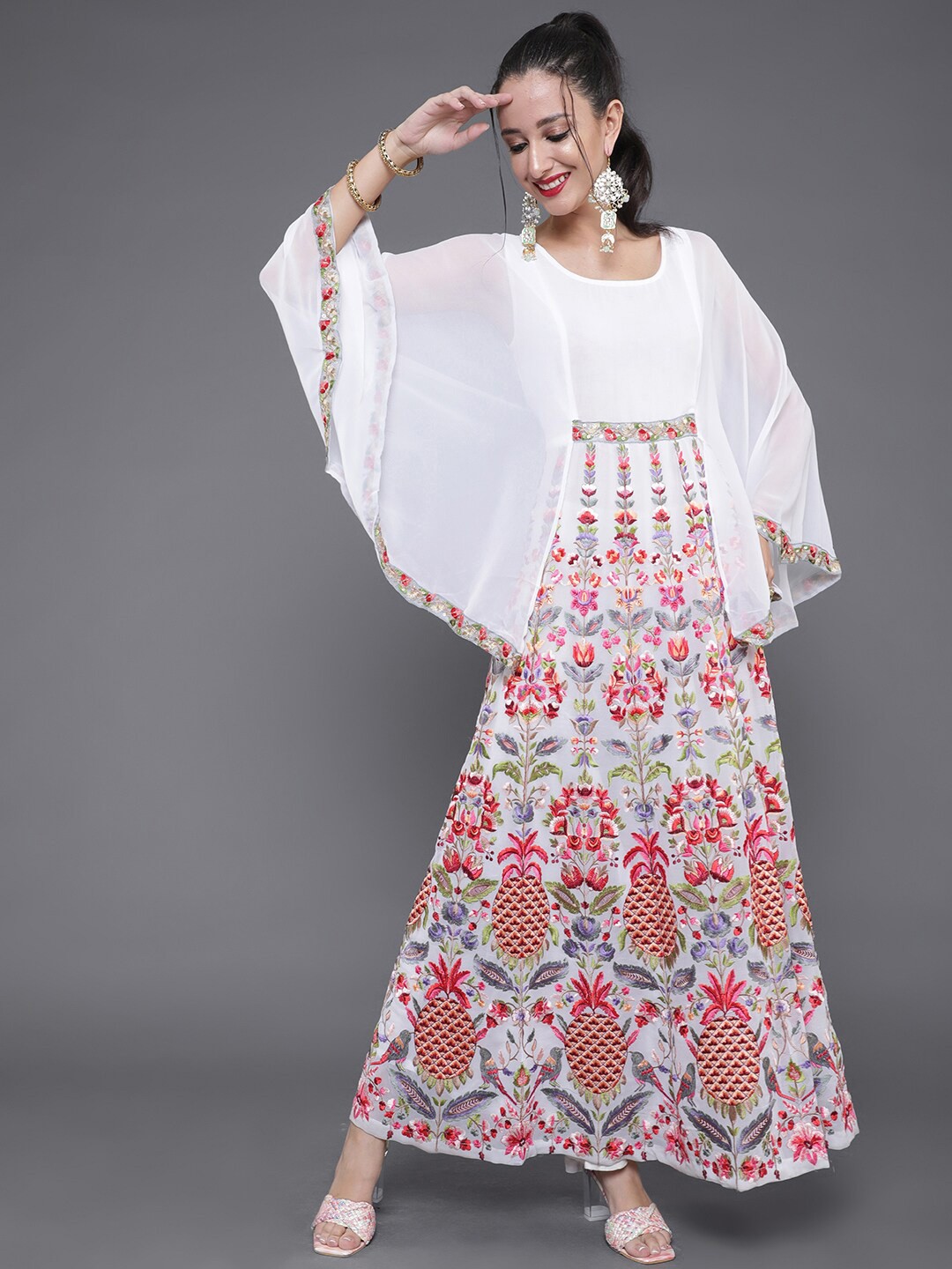 

saubhagya Women White Floral Georgette Embroidered Cape Sleeve Maxi Dress
