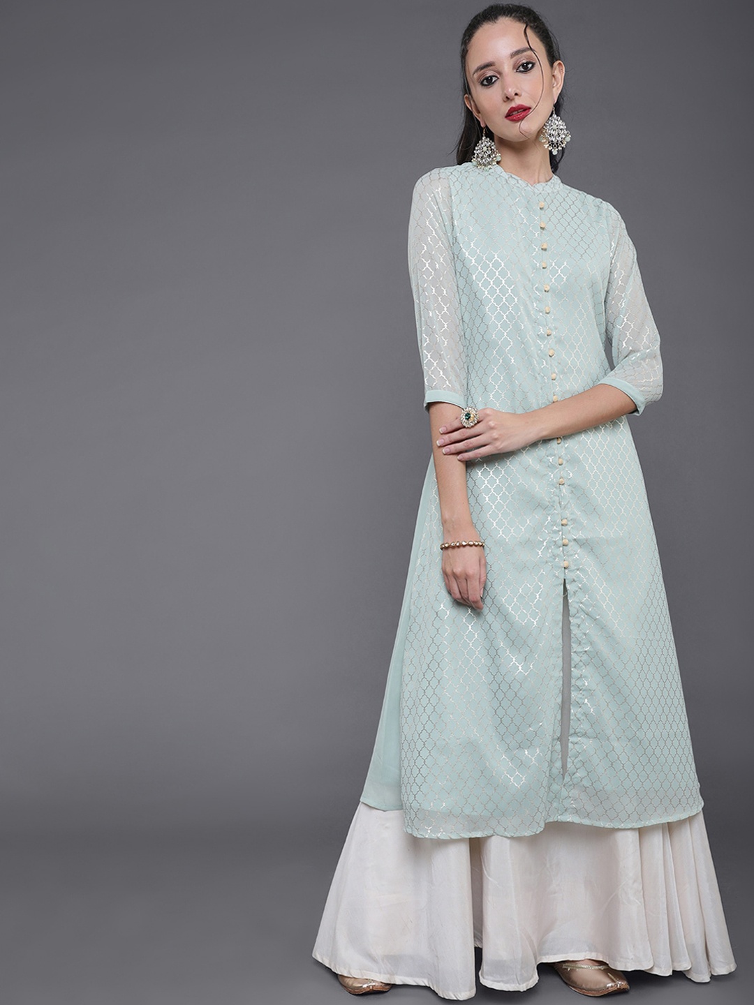 

saubhagya Women Sea Green Geometric Printed Georgette Kurta