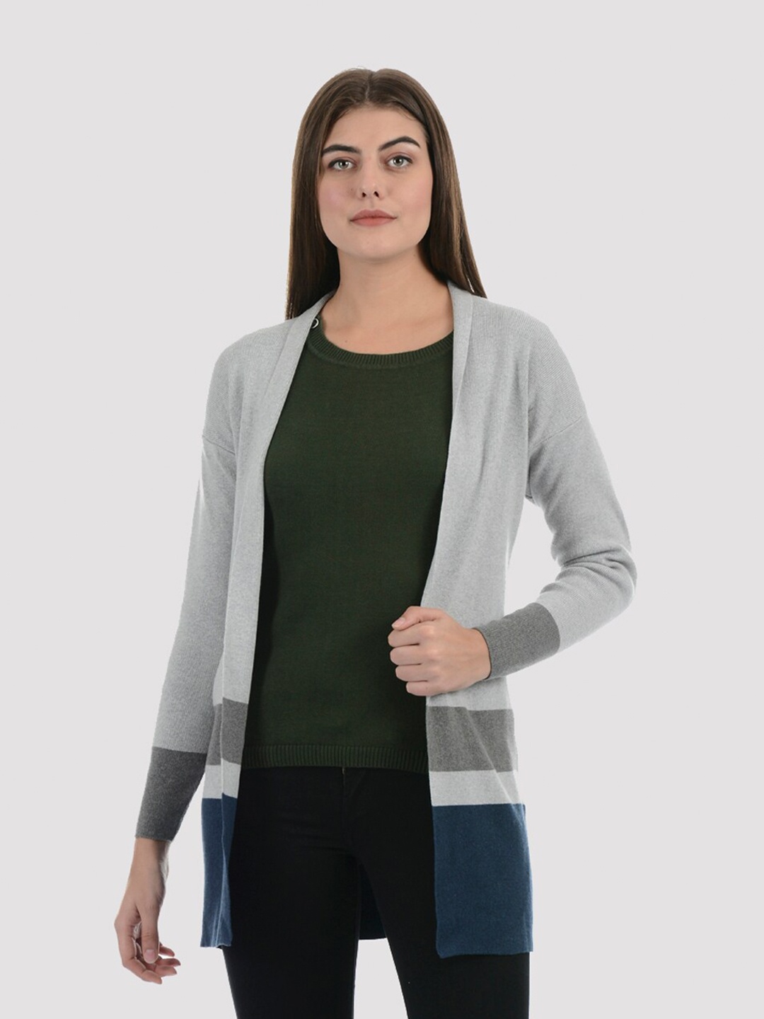 

PORTOBELLO Women Grey & Blue Colourblocked Longline Cardigan