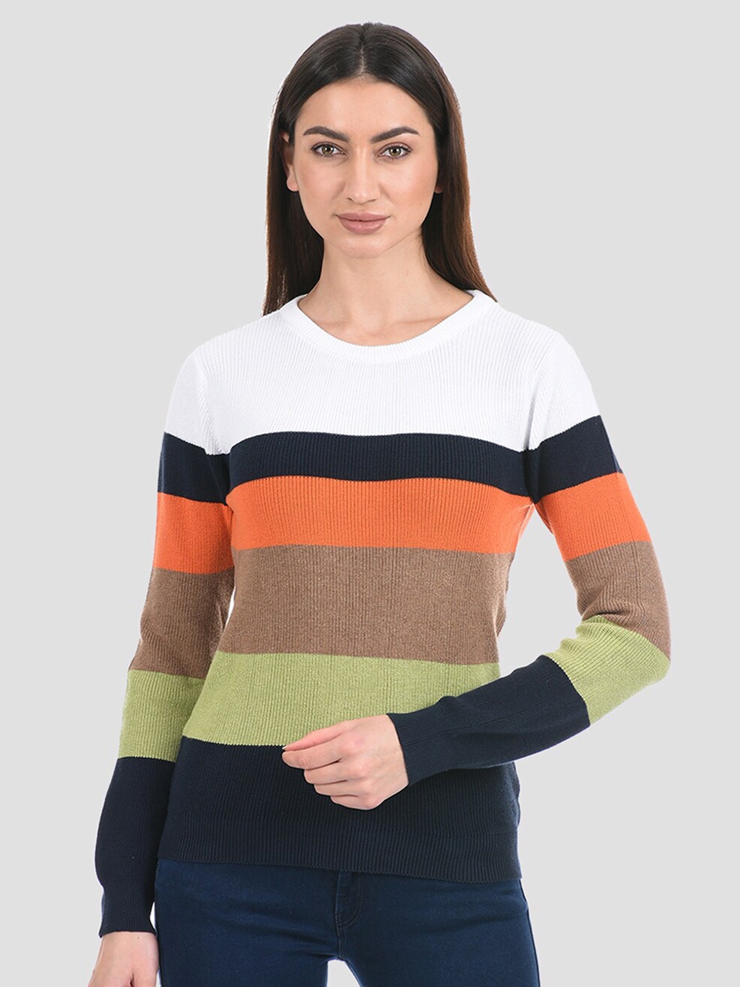 

PORTOBELLO Women White & Orange Colourblocked Pullover