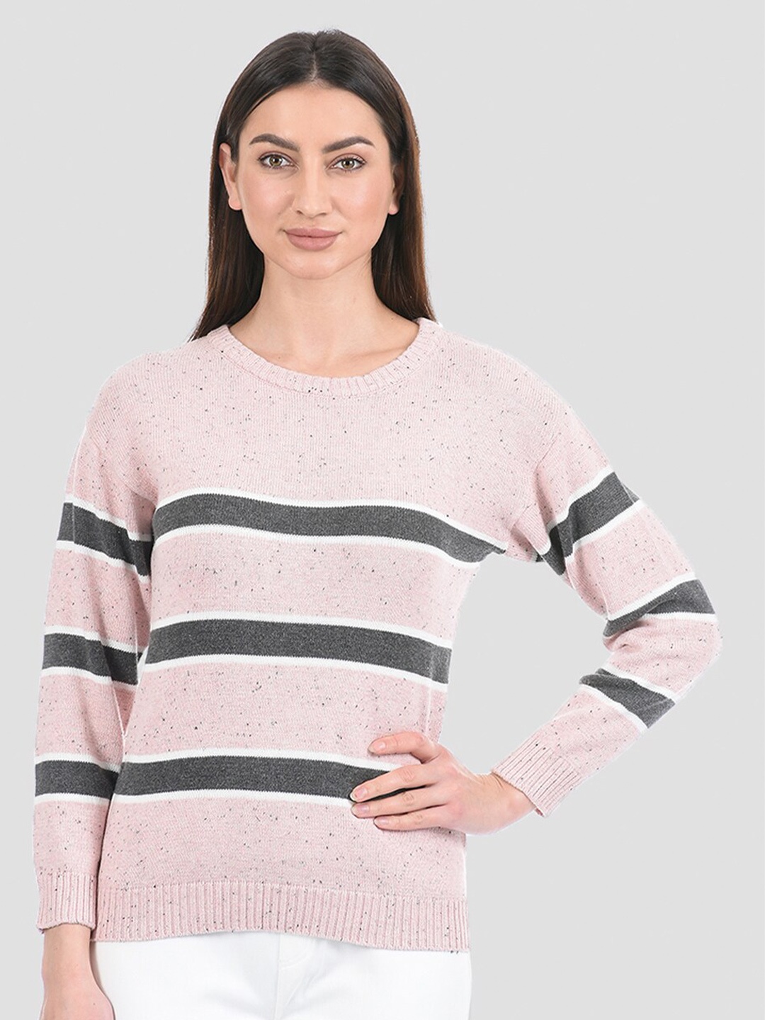 

PORTOBELLO Women Pink & White Striped Pullover