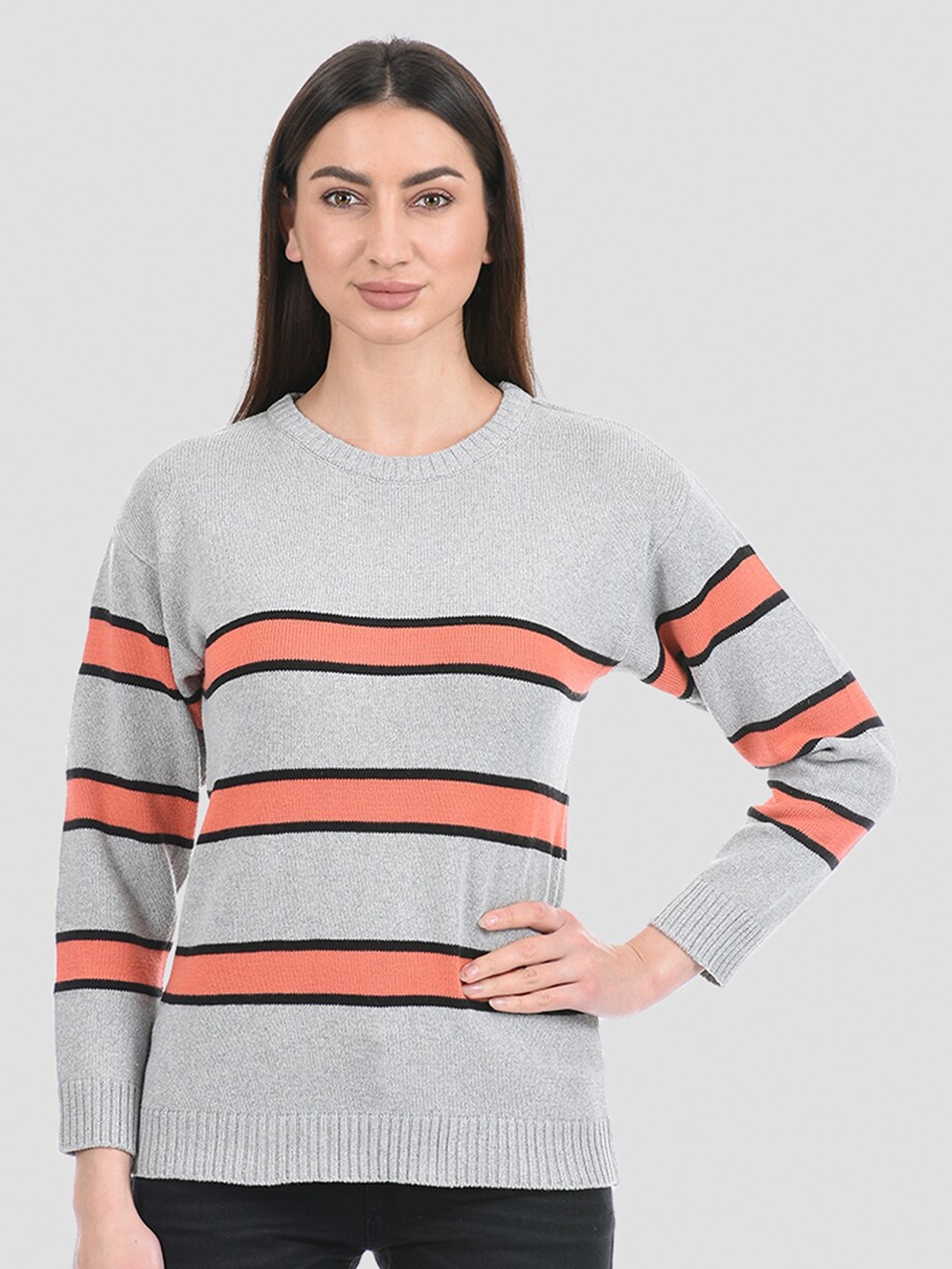

PORTOBELLO Women Grey & Orange Striped Pullover