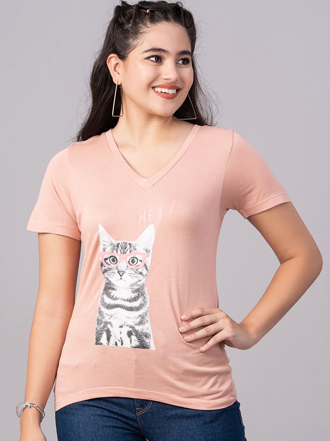 

DressBerry Women Peach Printed V-Neck T-shirt