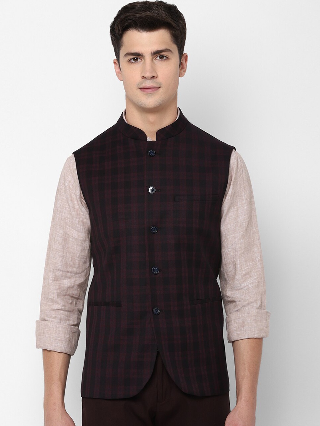 

Allen Solly Men Maroon & Black Checked Nehru Jacket