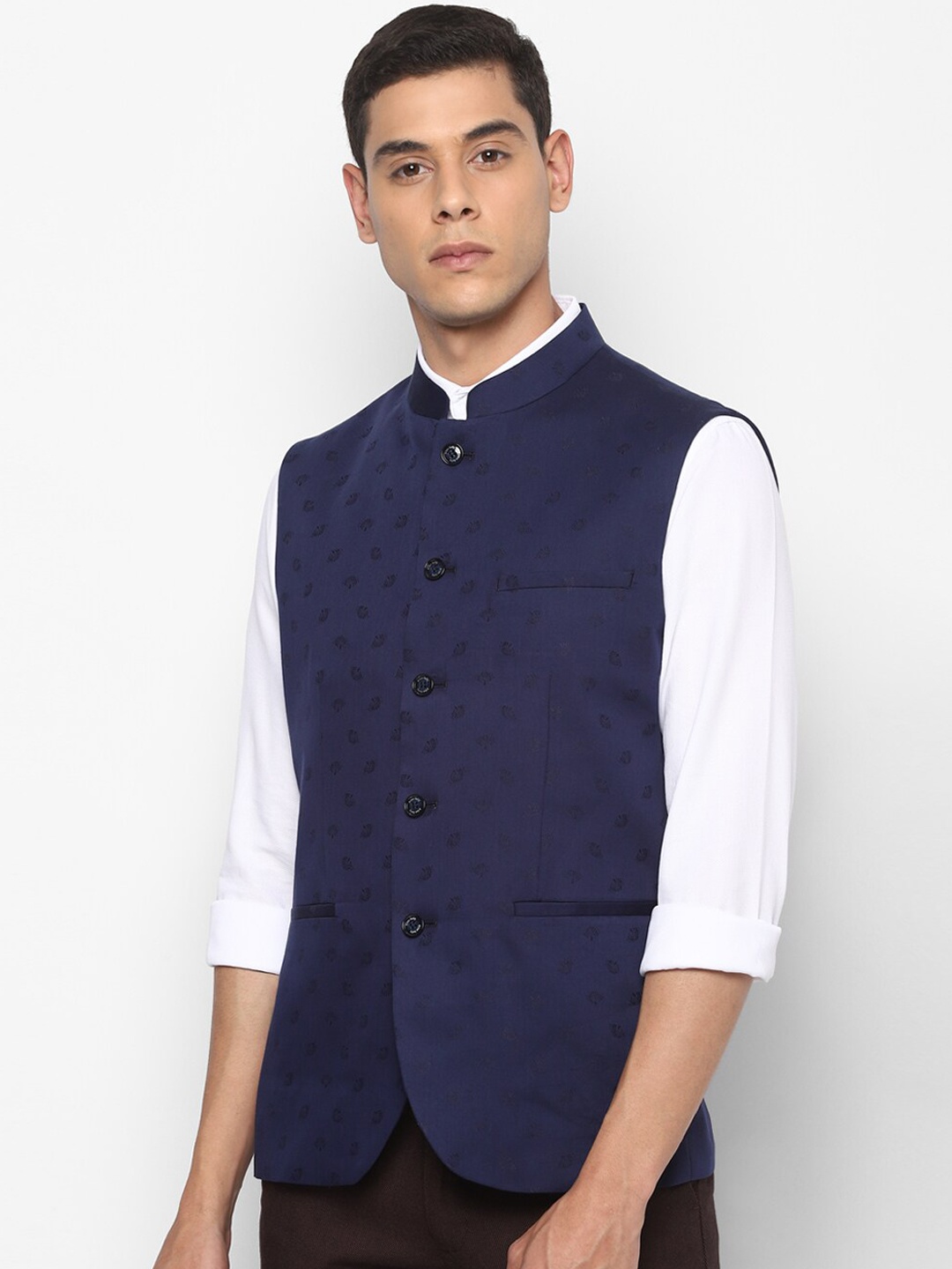 

Allen Solly Men Navy-Blue Woven-Design Nehru Jacket
