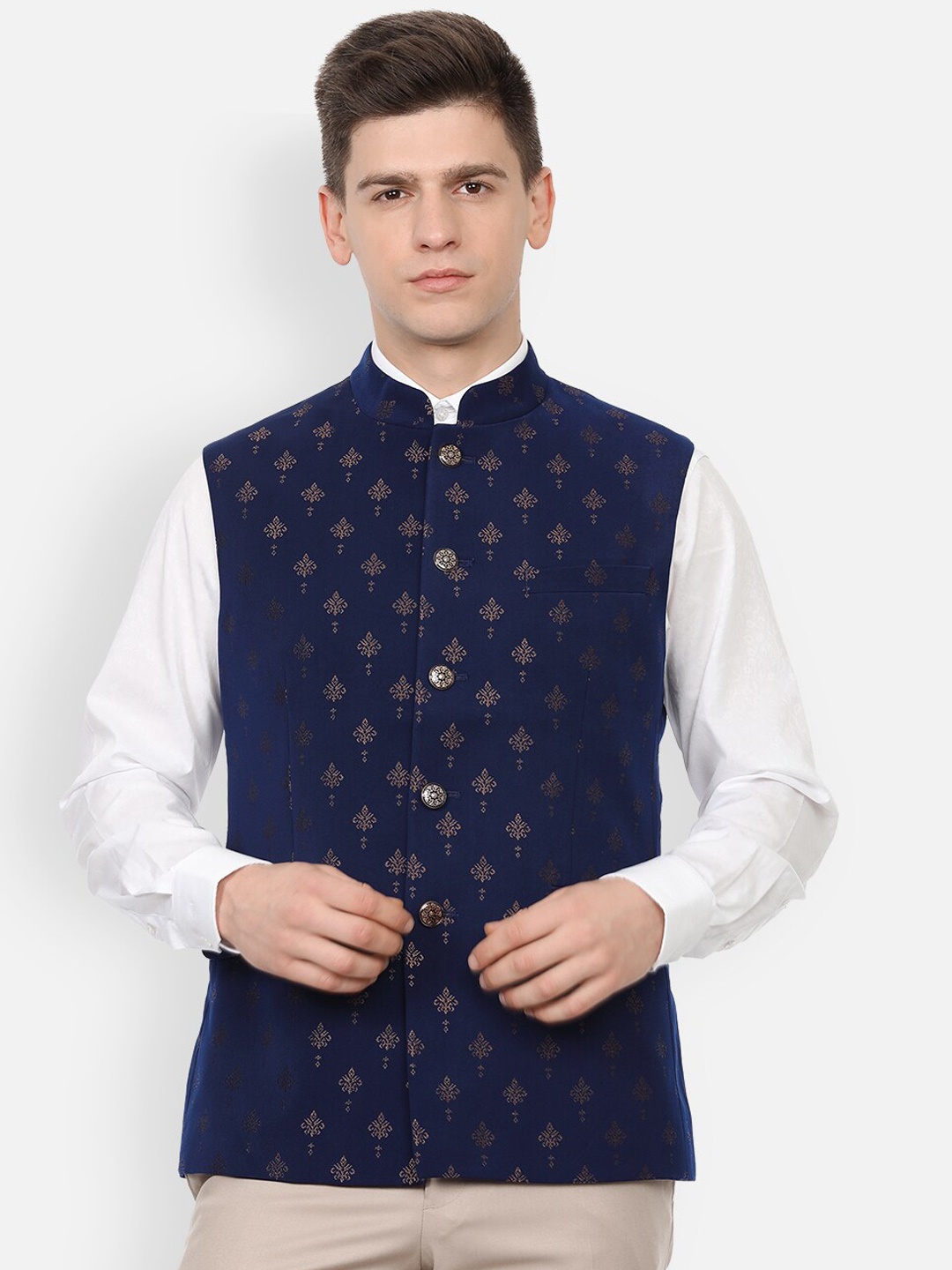 

Van Heusen Men Navy Blue Woven Design Nehru Jackets