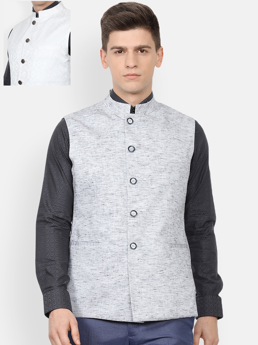 

Van Heusen Men Grey Printed Nehru Jackets