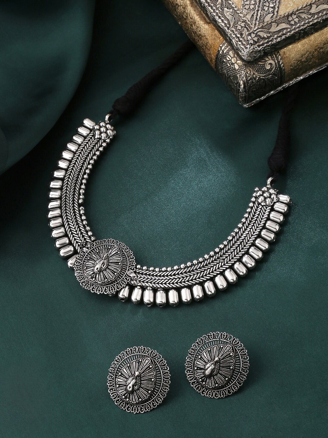 

Yellow Chimes Oxidised Silver-Plated Peacock Designed Jewellery Set