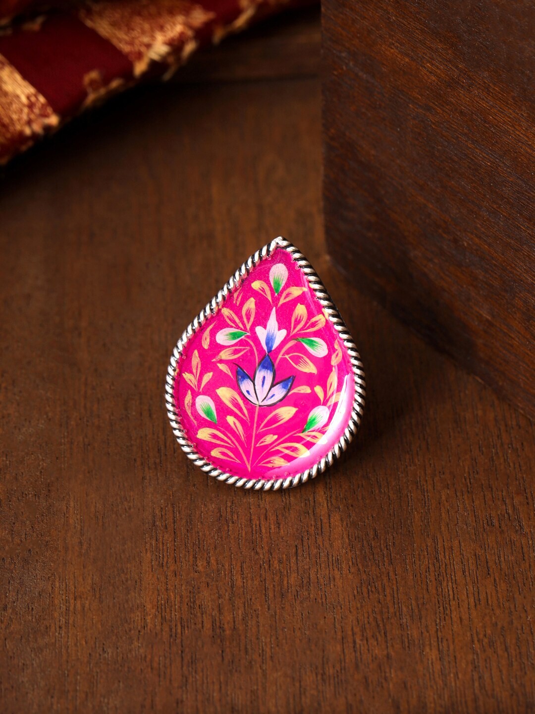 

Yellow Chimes Pink Meenakari Hand Painted Oxidized Silver Ring