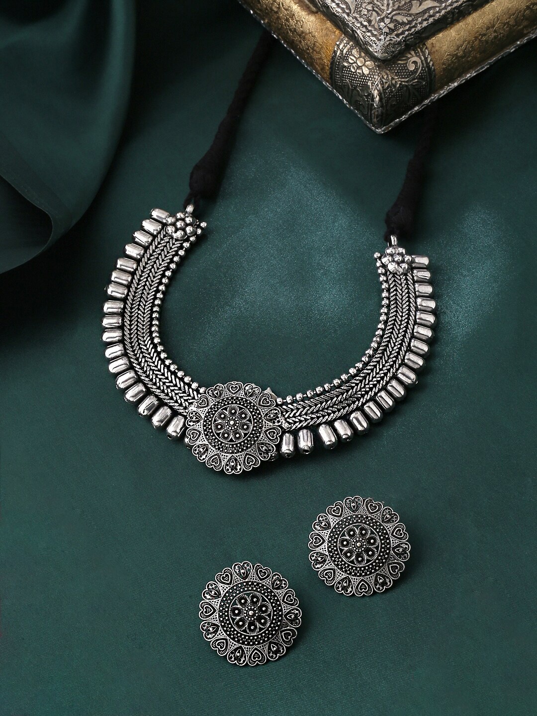 

Yellow Chimes Silver Oxidized Floral Designed Traditional Choker Necklace Set