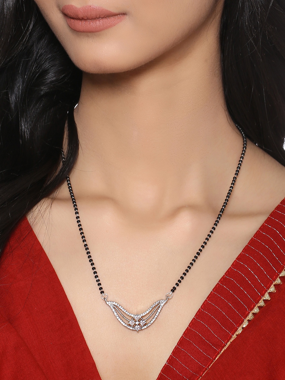 

Yellow Chimes Silver-Plated Black Beaded White AD-Stone Studded Mangalsutra