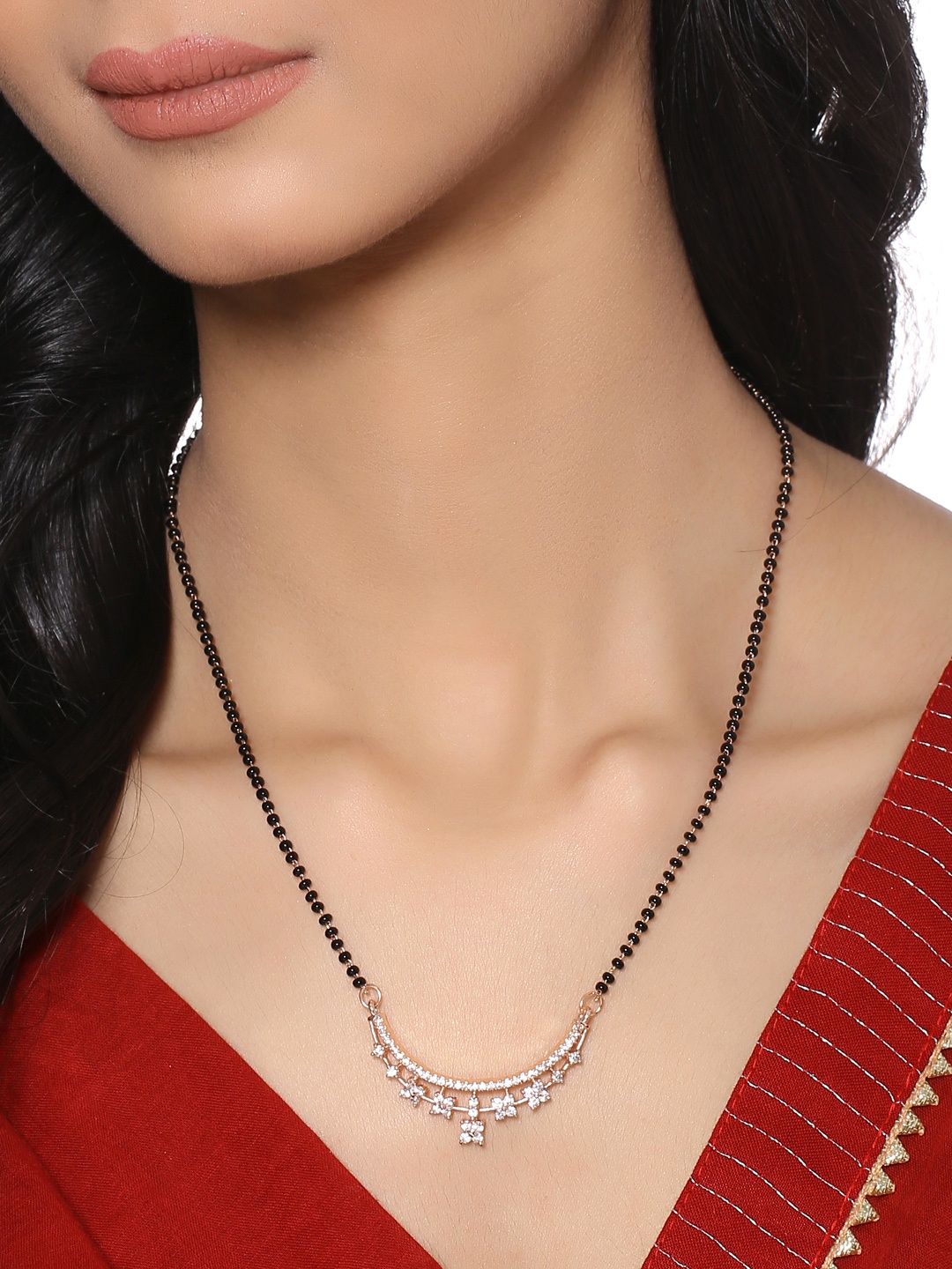 

Yellow Chimes Rose Gold-Plated White AD-Studded & Black-Beaded Mangalsutra