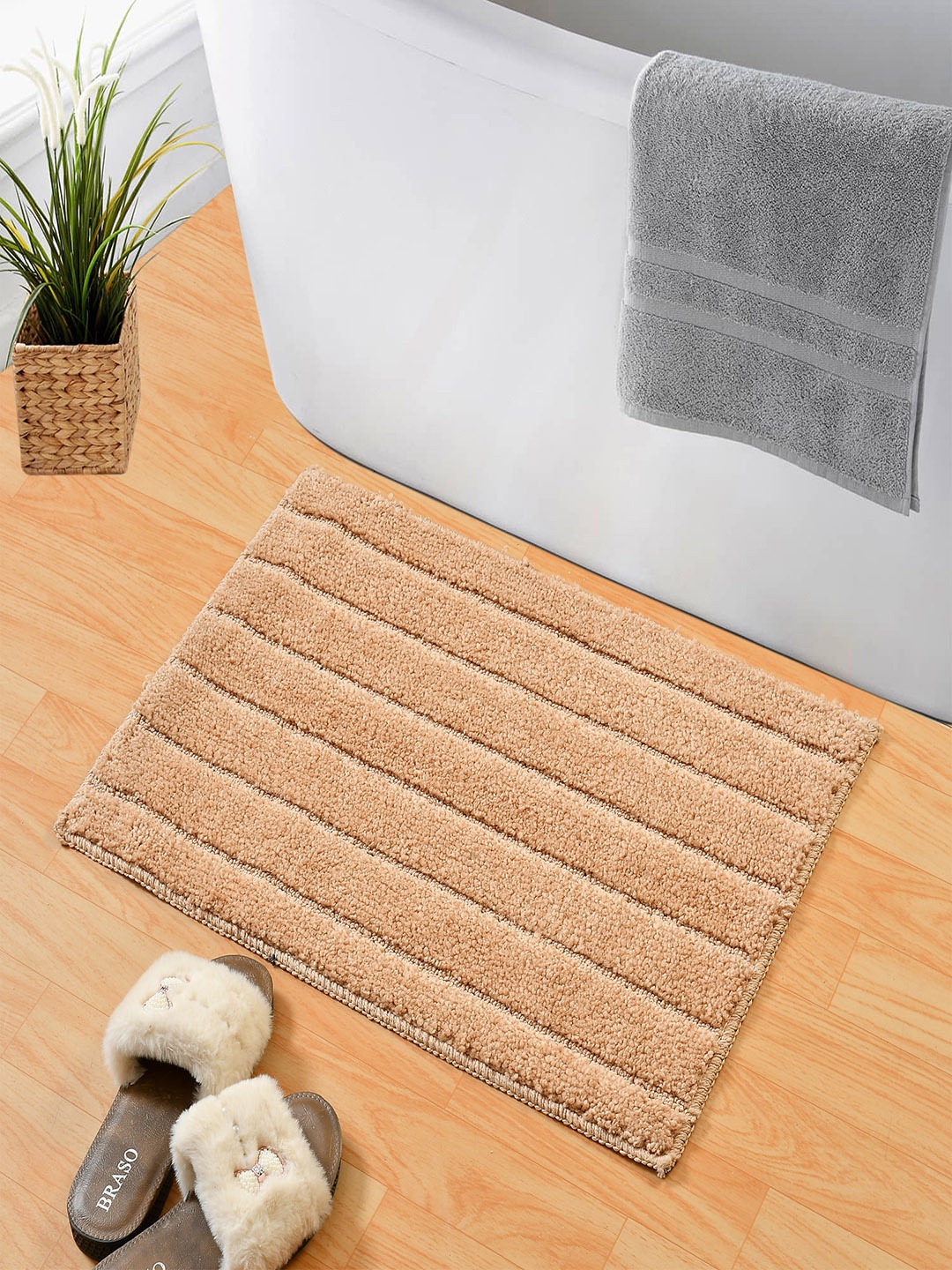 

Hammer Home Beige Striped Set Of 2 Solid Microfibre 350 GSM Anti-Slip Bath Rugs