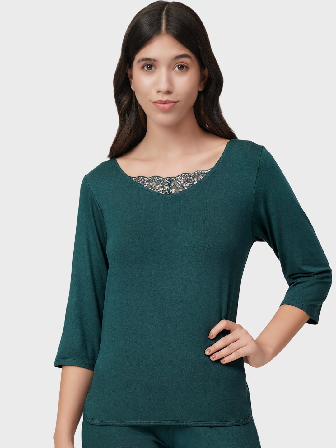 

Amante Women Green Lace Touch Lounge Tshirts