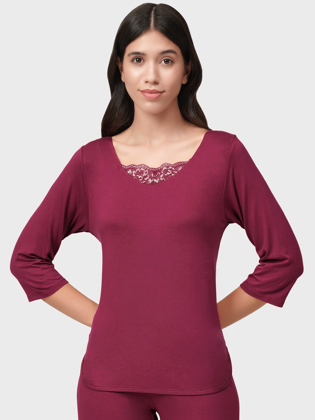 

Amante Women Burgundy Solid Lace Touch Lounge T-shirt