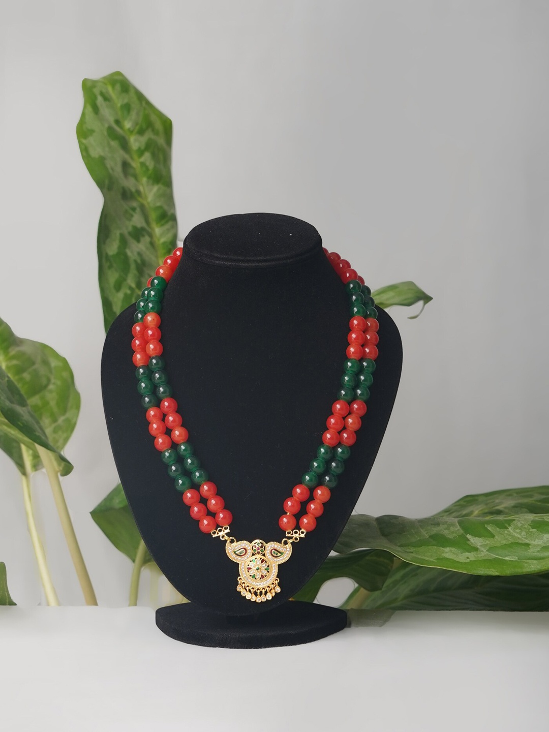 

Unnati Silks Green & Orange Beaded Layered Necklace with 1gm Gold Plated Pendant