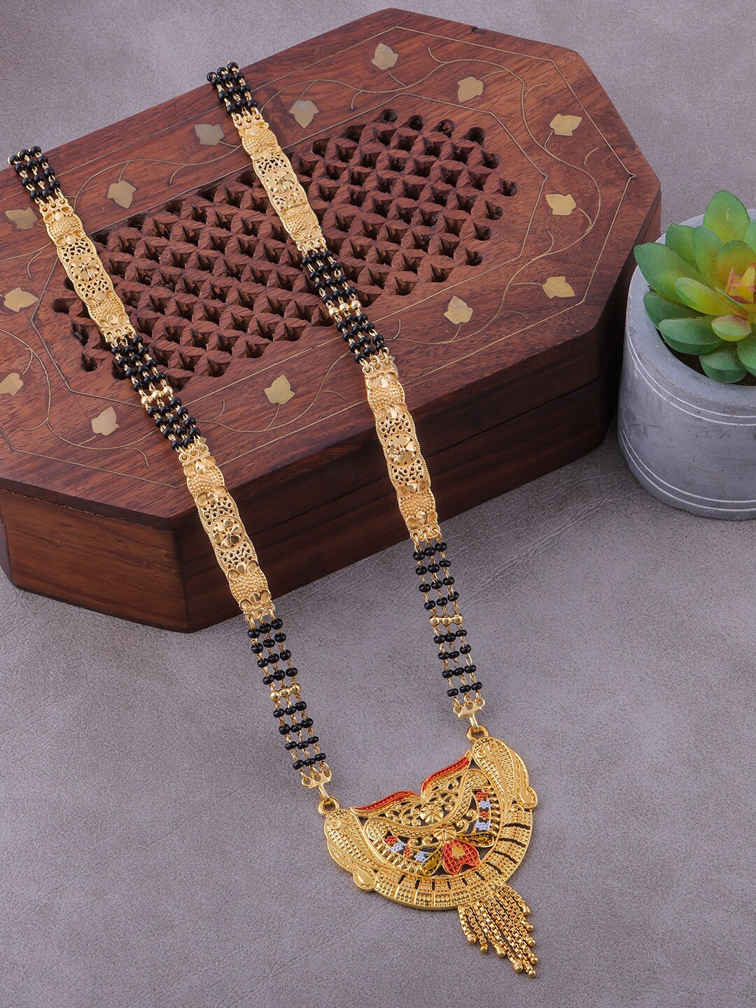 

Brandsoon Gold Plated Black Beaded Red Stone -Studded Mangalsutra