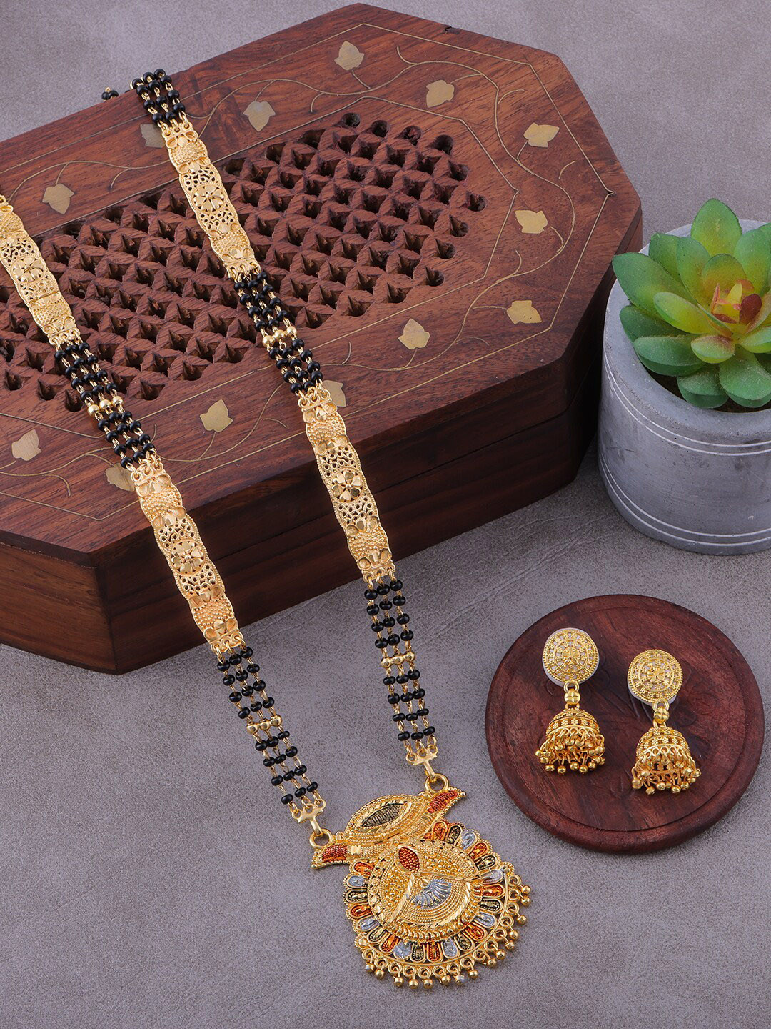 

Brandsoon Gold-Plated Black Beaded Mangalsutra With Earrings