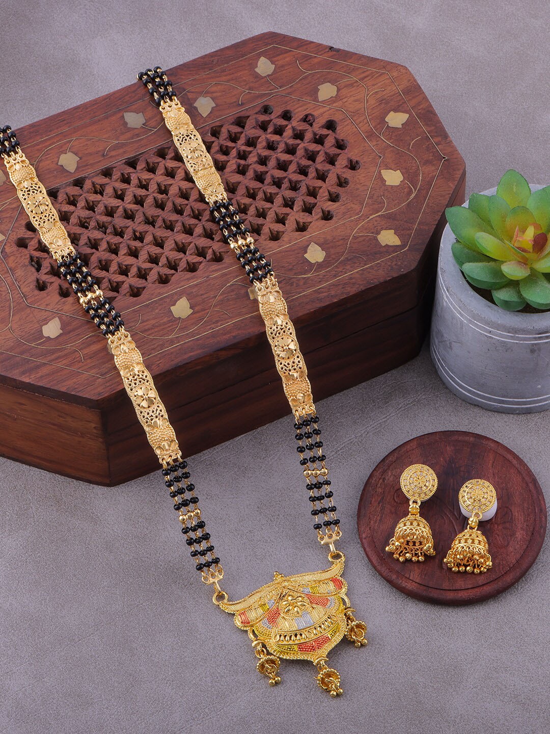 

Brandsoon Gold-Plated Black Beaded Mangalsutra With Earrings
