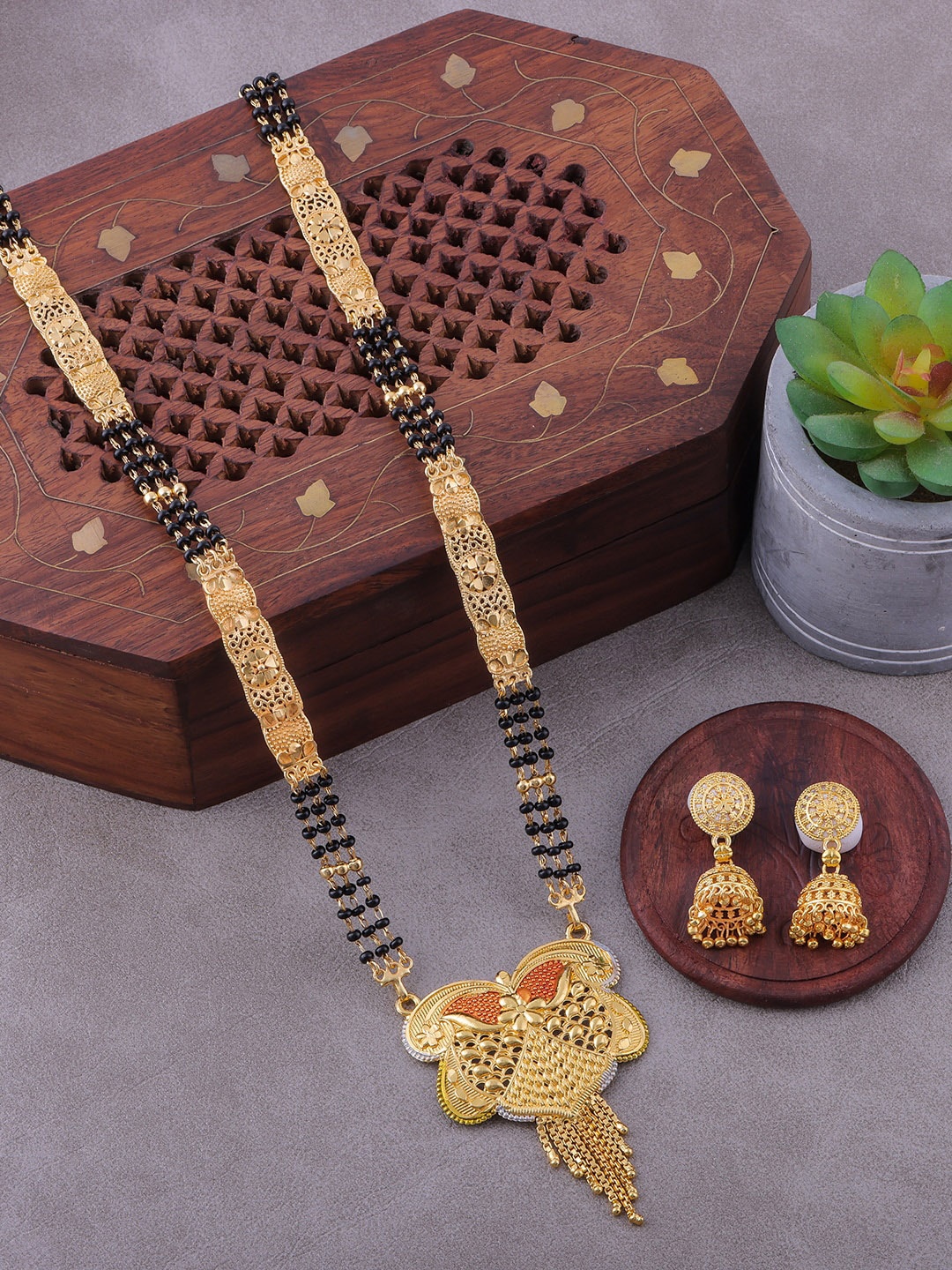 

Brandsoon Gold-Plated Black Beaded Mangalsutra With Earrings