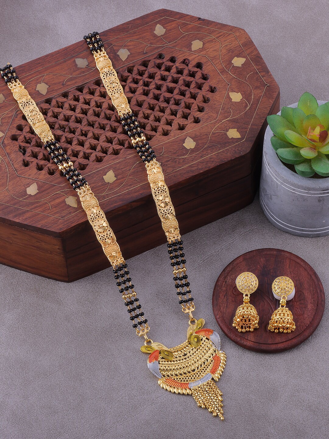 

Brandsoon Gold-Plated & Black Beaded Mangalsutra With Earrings