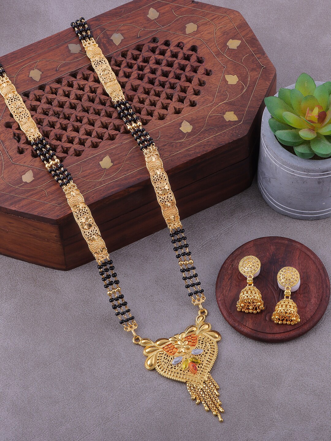 

Brandsoon Gold-Plated Black Beaded Mangalsutra With Earrings