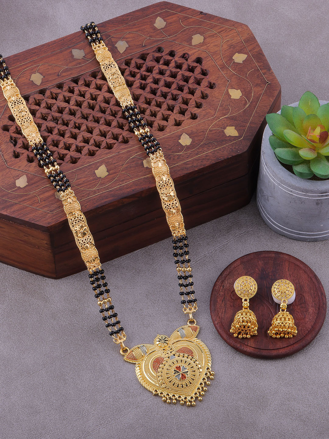 

Brandsoon Gold-Plated Black Beaded Mangalsutra With Earrings