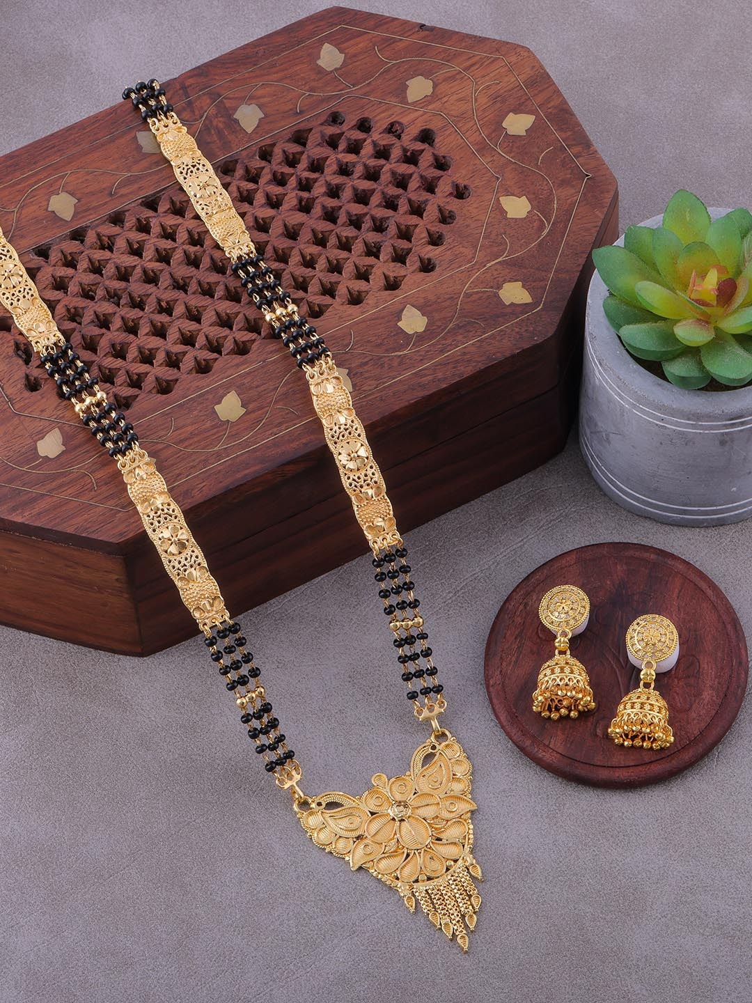 

Brandsoon Gold-Plated Black Beaded Mangalsutra With Earrings