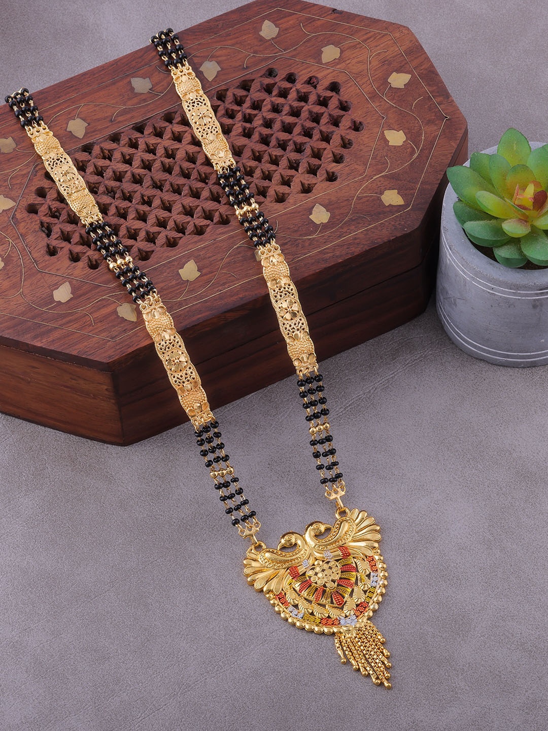 

Brandsoon Gold Plated Black Beaded Red Stone -Studded Mangalsutra