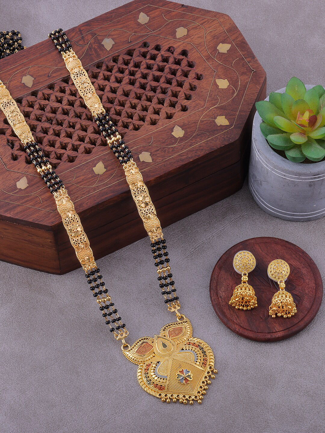 

Brandsoon Gold-Plated Black Beaded Mangalsutra With Earrings