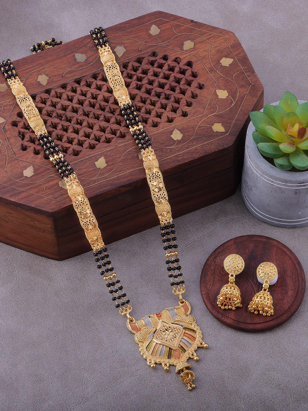 

Brandsoon Gold-Plated & Black Beaded Mangalsutra With Earrings