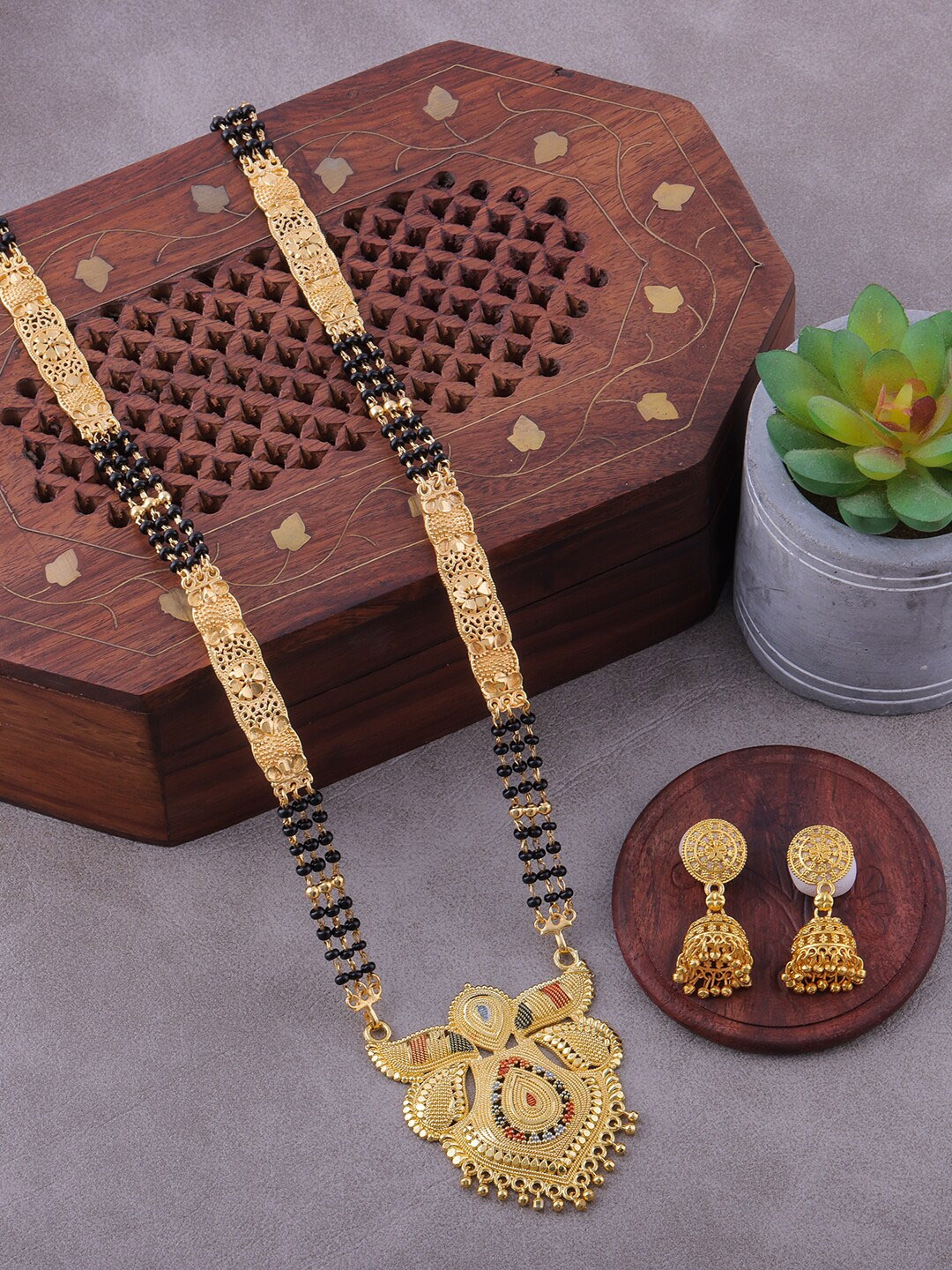

Brandsoon Gold Plated Black Beaded Red Stone -Studded Mangalsutra White Earring