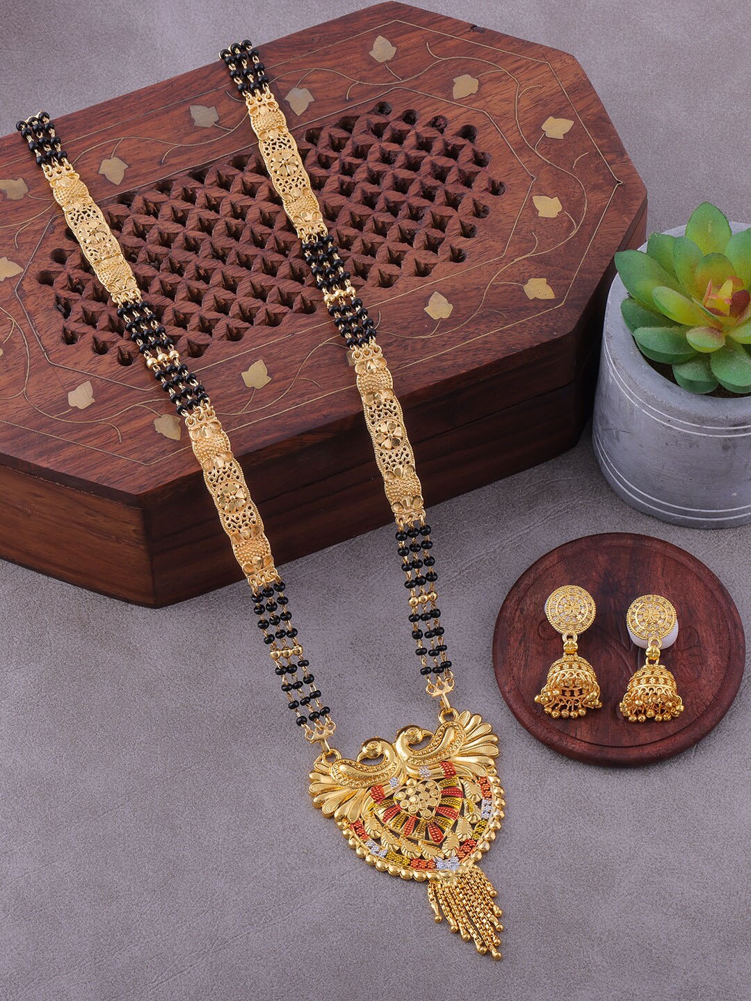 

Brandsoon Gold-Plated Black Beaded Mangalsutra With Earrings