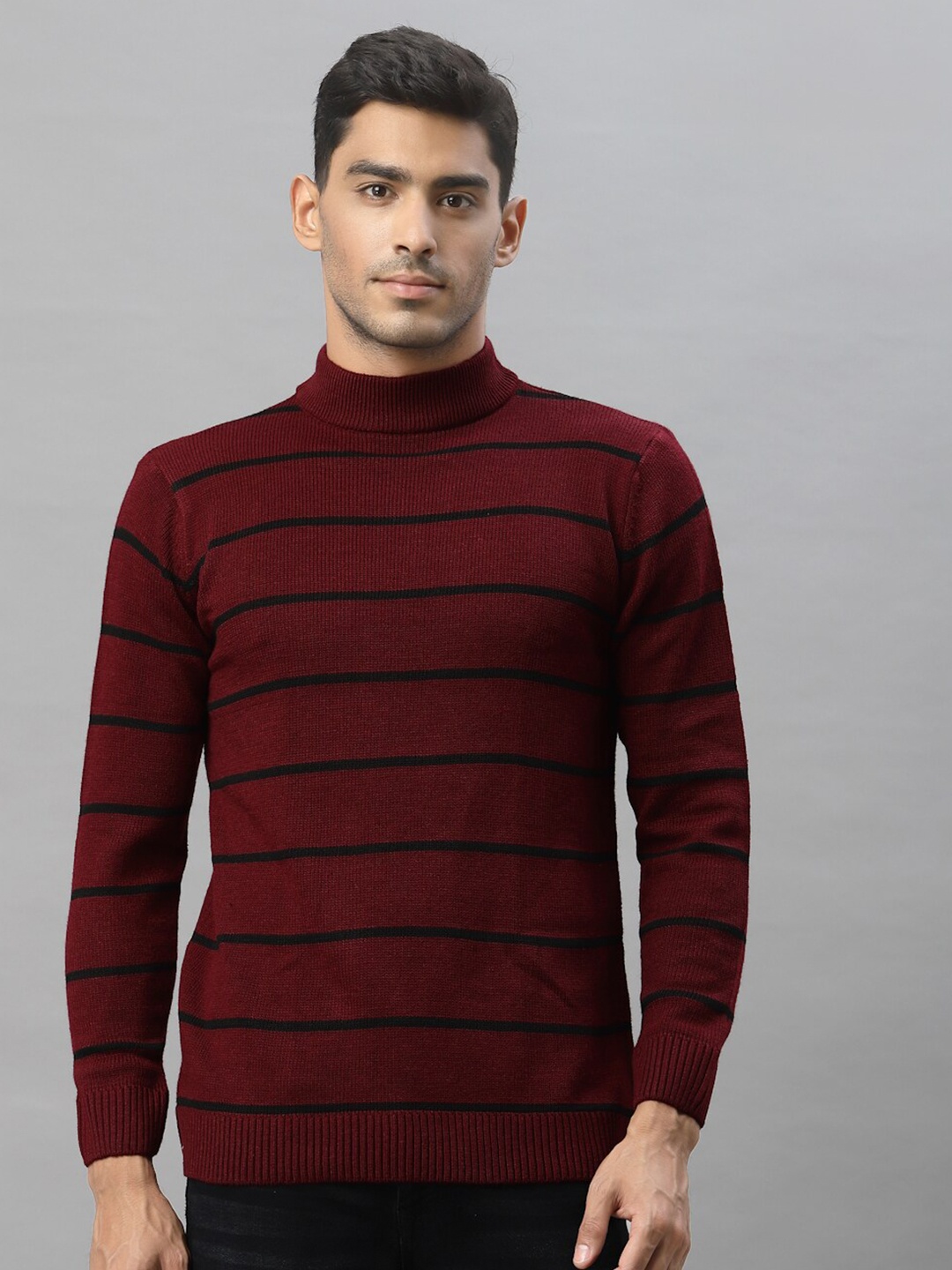 

Style Quotient Men Maroon & Black Striped Pullover Sweater