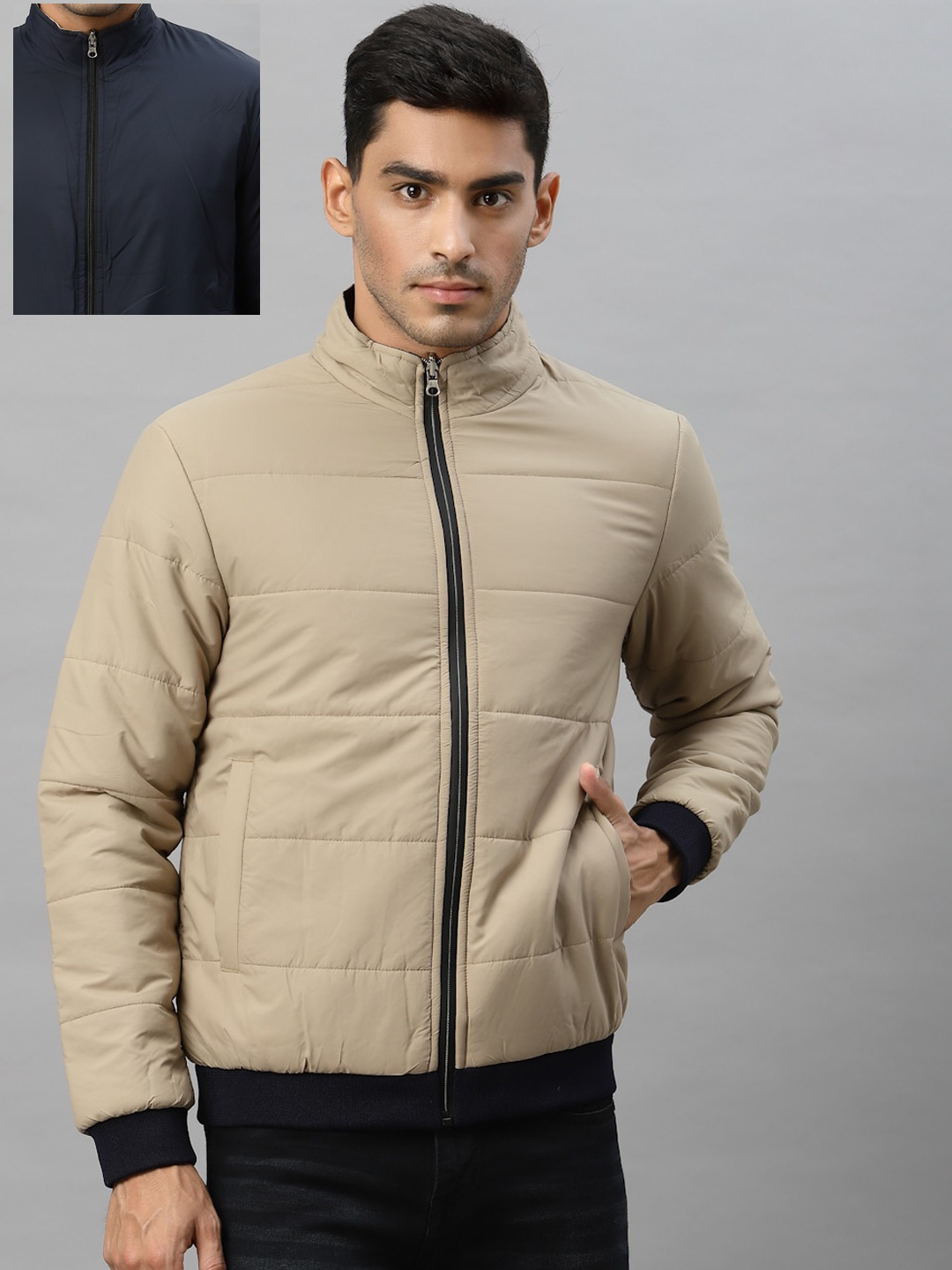 

Style Quotient Men Beige Navy Blue Reversible Padded Jacket