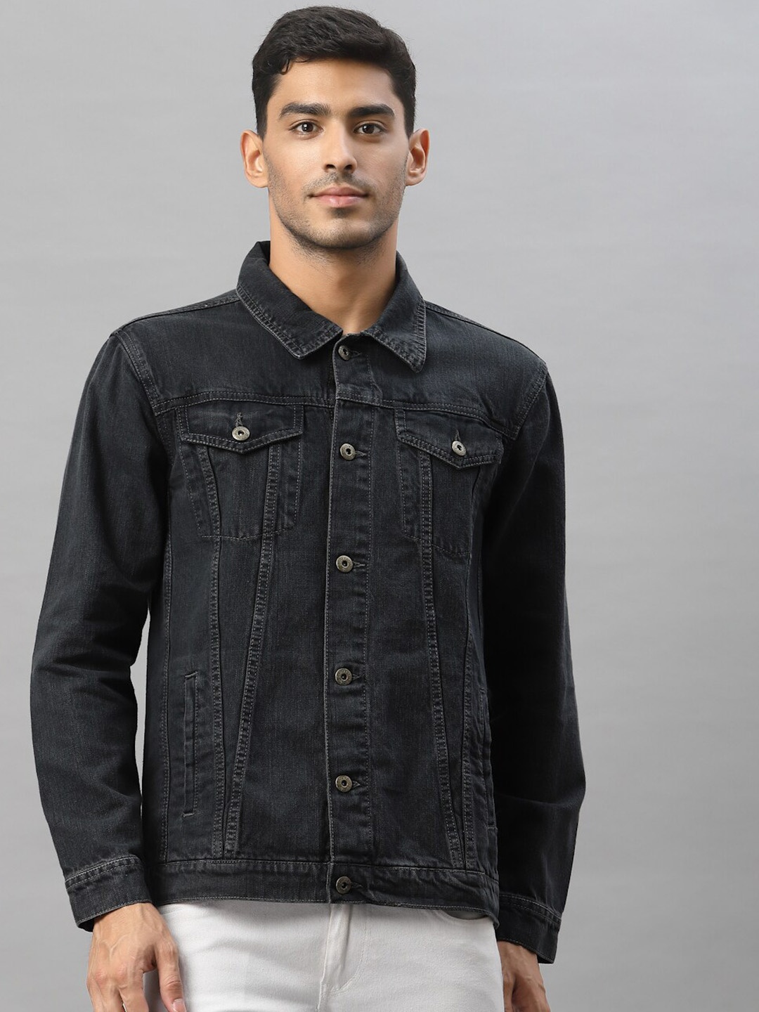 

Style Quotient Men Charcoal Washed Lightweight Denim Jacket
