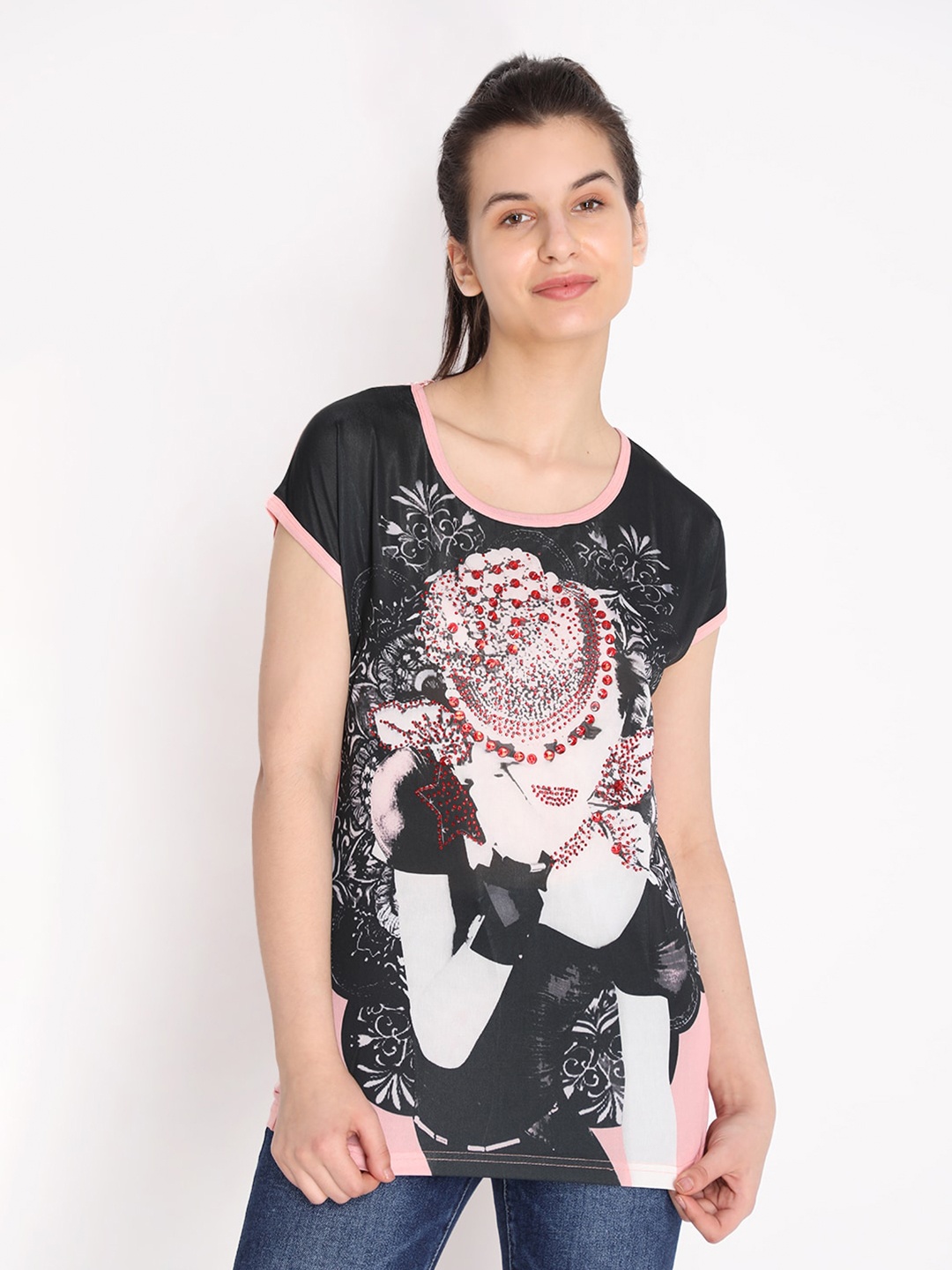 

HANG N HOLD Black & Peach-Coloured Print Top