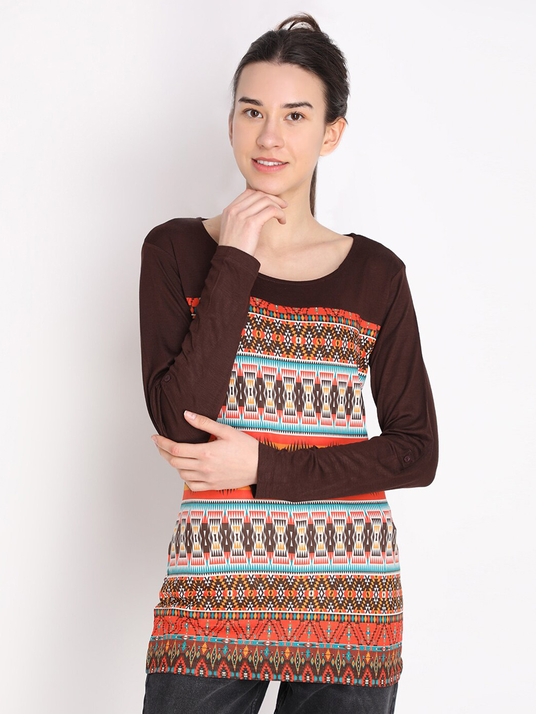 

HANG N HOLD Women Brown Tribal Printed Bohemian T-shirt