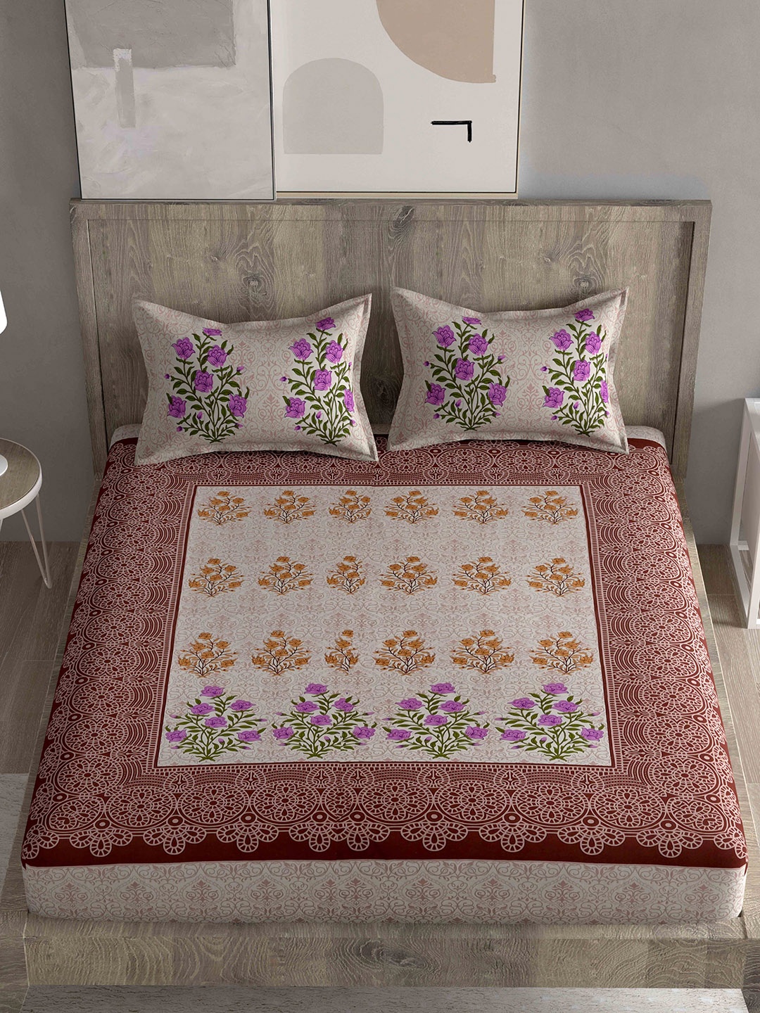 

Spangle Brown & Cream-Coloured Floral 260 TC King Bedsheet with 2 Pillow Covers