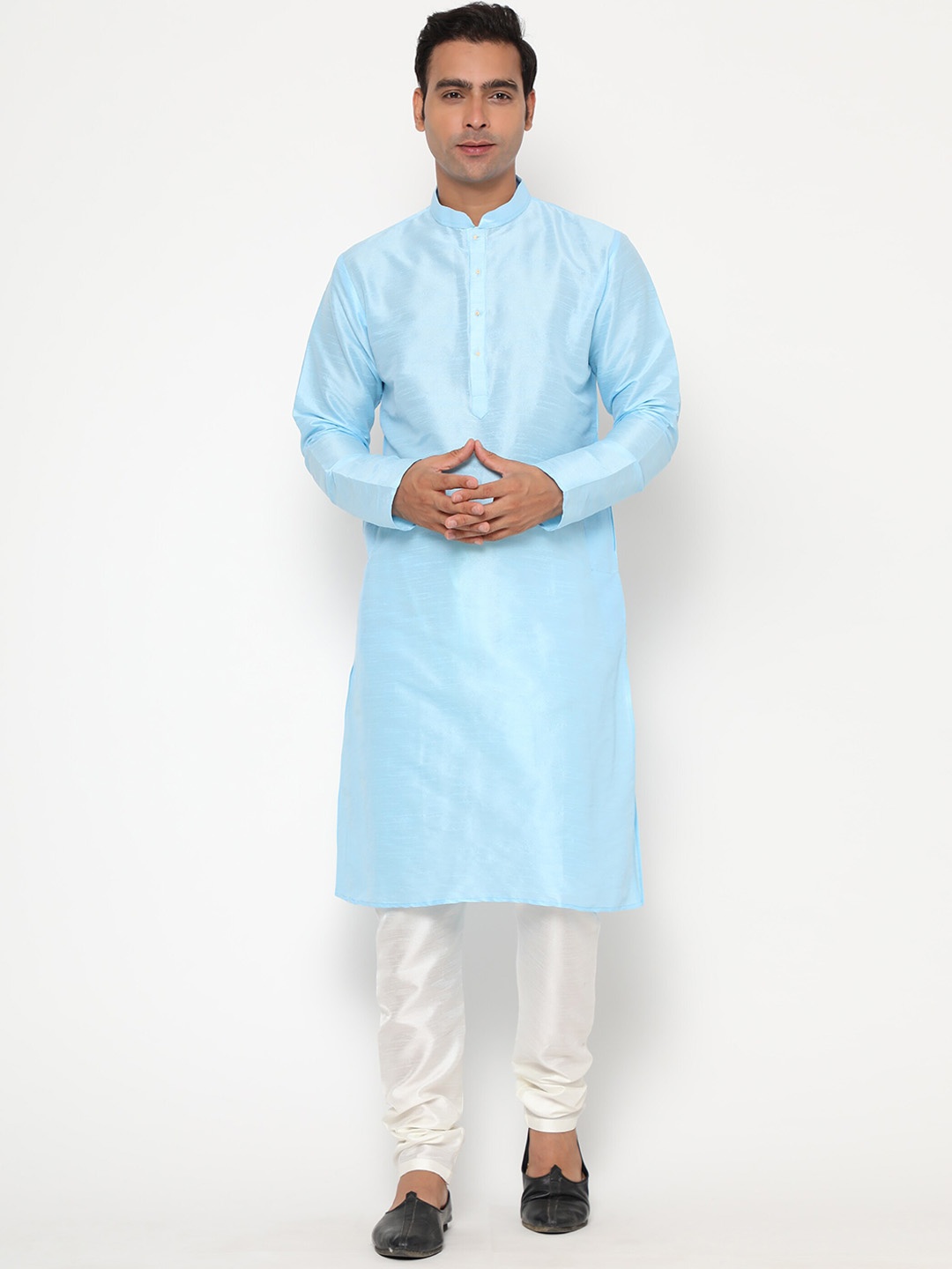 

Glemora Men Blue Dupion Silk Plain Kurta with Churidar