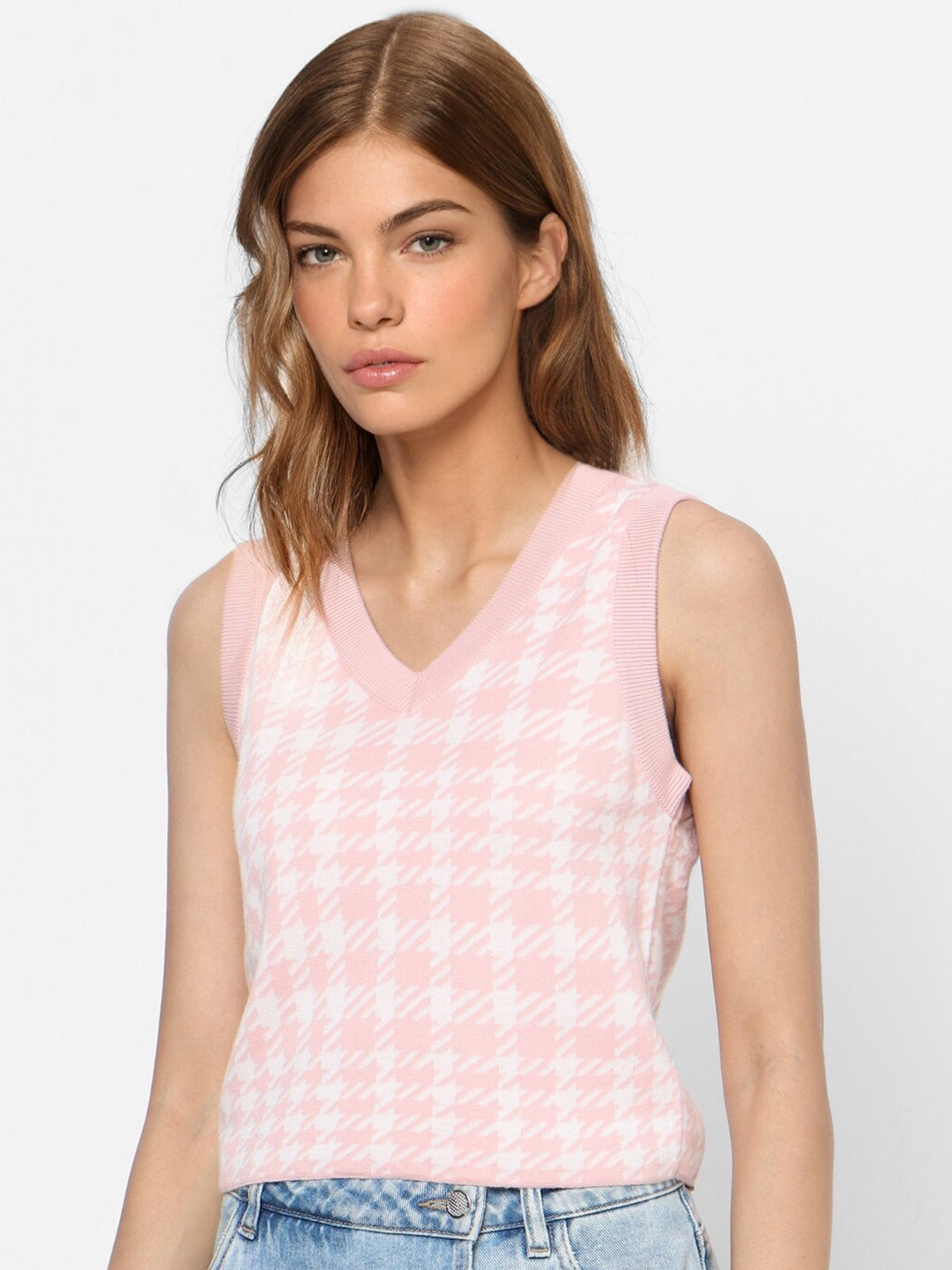 

ONLY Women Pink & White Checked Cotton Top