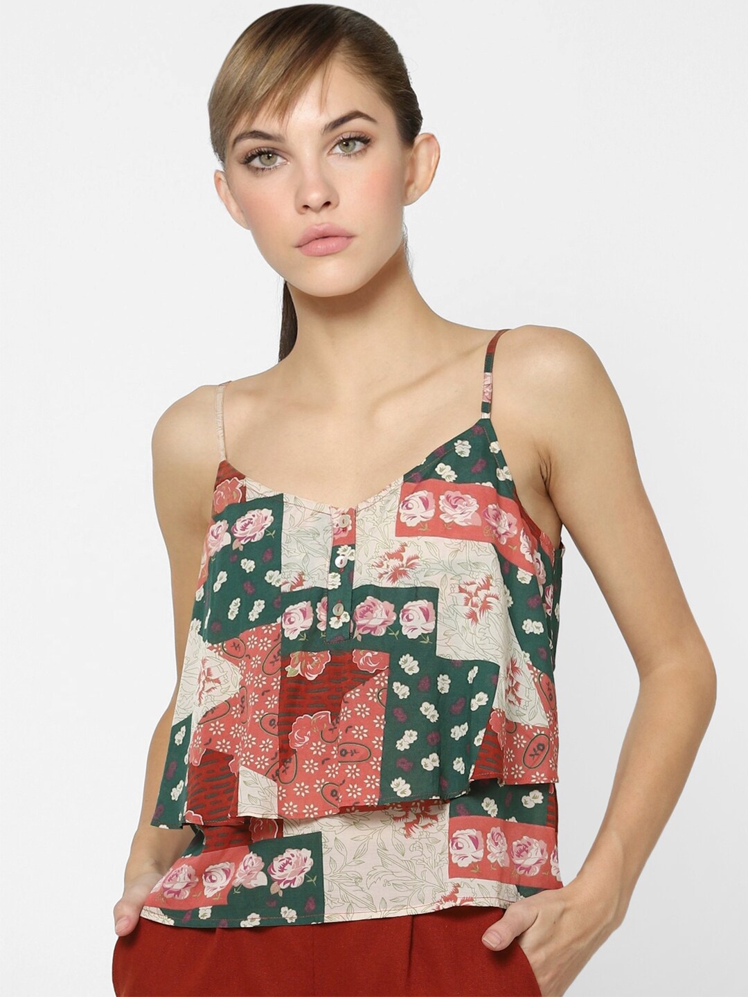 

ONLY Women Dark Green Floral Printed Top