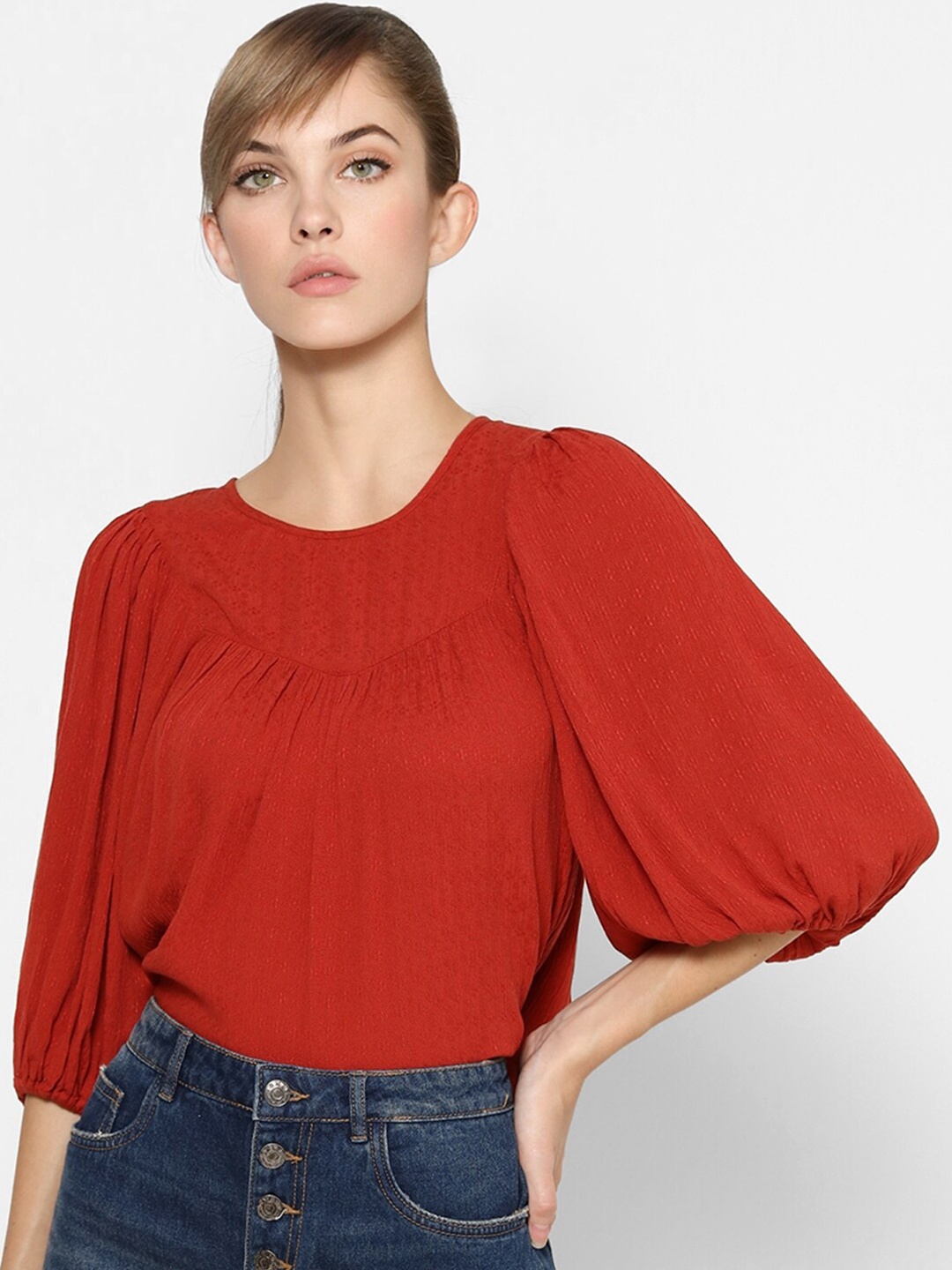 

ONLY Red Self Design Bell Sleeves Top