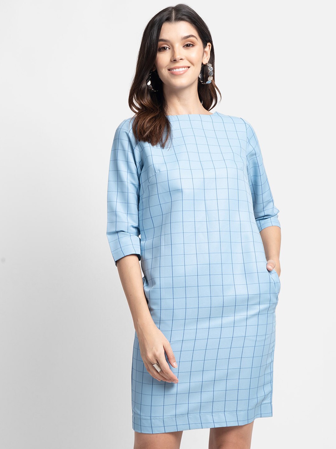 

PowerSutra Women Blue Checked Cotton Sheath Dress